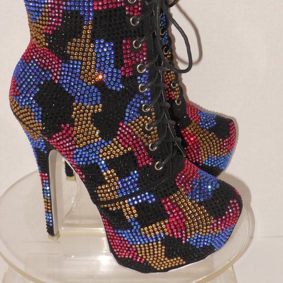 SHIEKH PLATFORM HIGH-HEEL MULTI-COLOR BEADED ANKLE BOOTS SIZE 8 MEDIUM - Picture 4 of 9